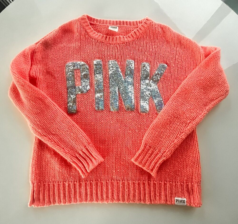 Victoria's Secret Pink Orange Oversized  XS Sweater Silver Bling Sequin Logo
